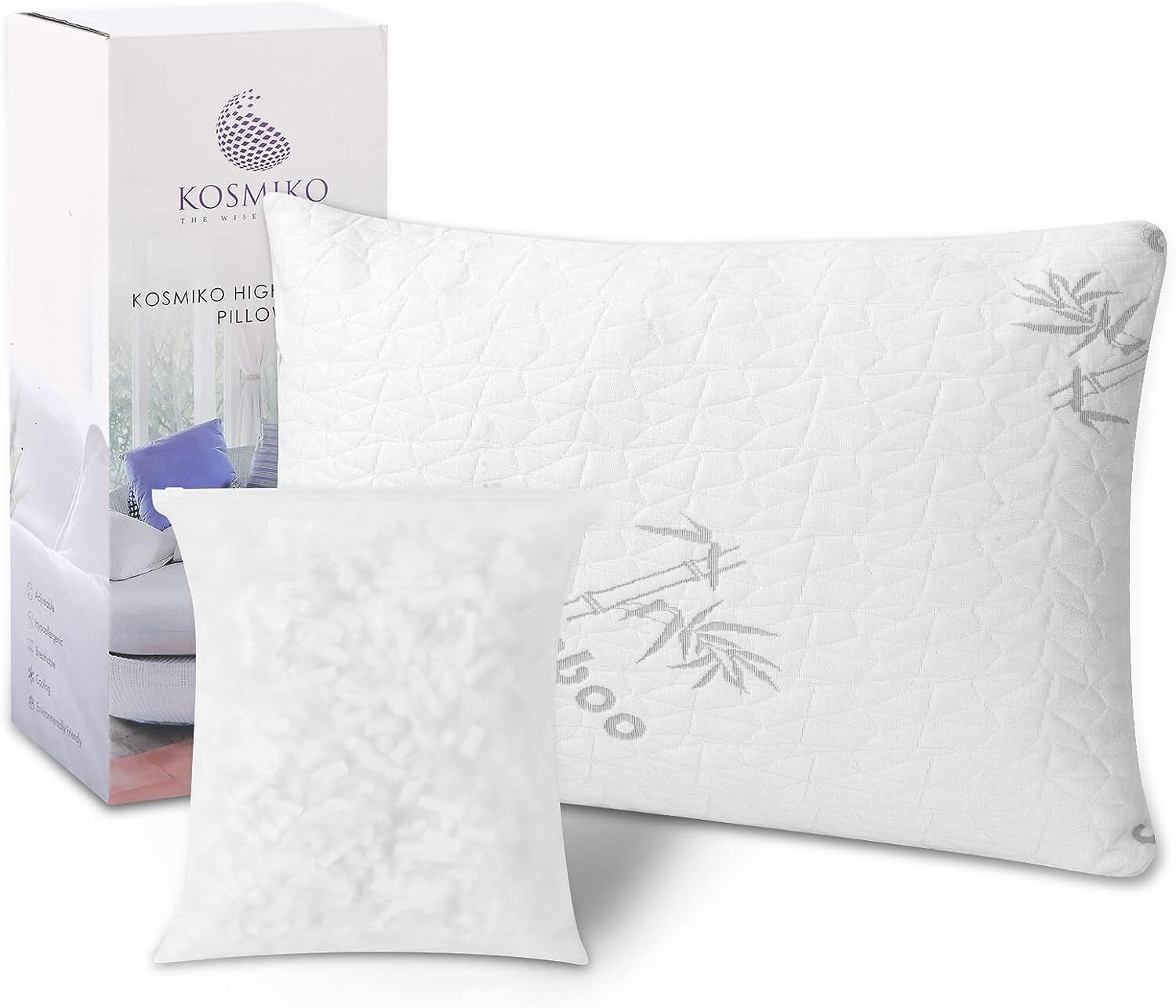 KOSMIKO Bamboo Pillow with Shredded Memory Foam Adjustable Queen Size Pack of 1 gallery
