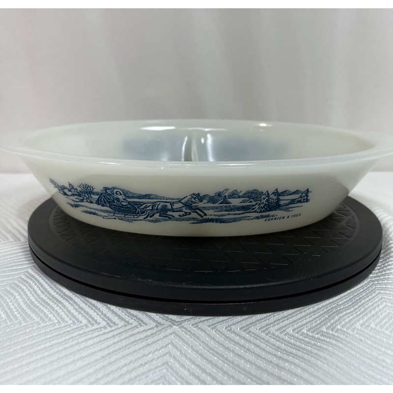 Oval Divided Open Ovenware Casserole Currier & Ives Blue Royal GLASBAKE J2352 gallery