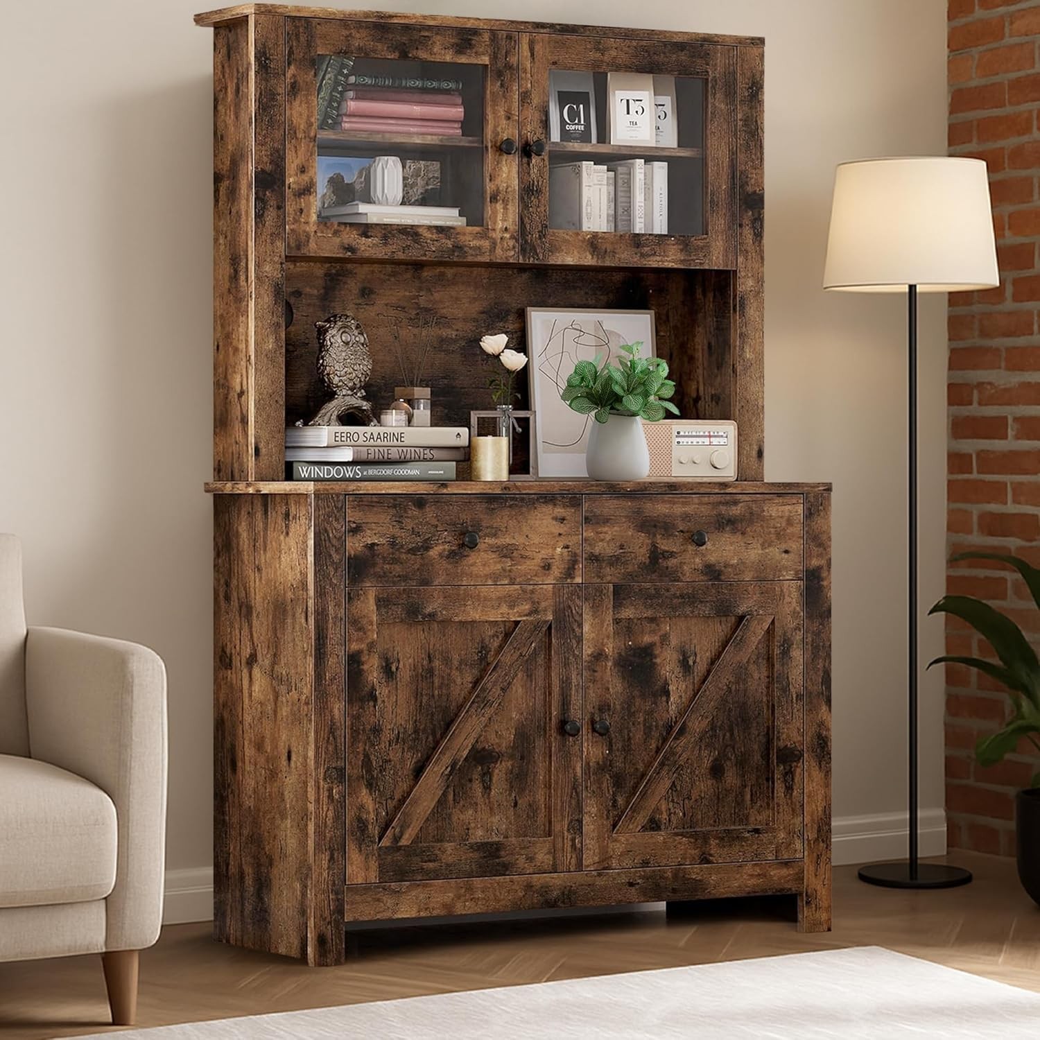 63" Tall Kitchen Pantry Cabinet with Drawers, Hutch Cabinet with Microwave Stand gallery