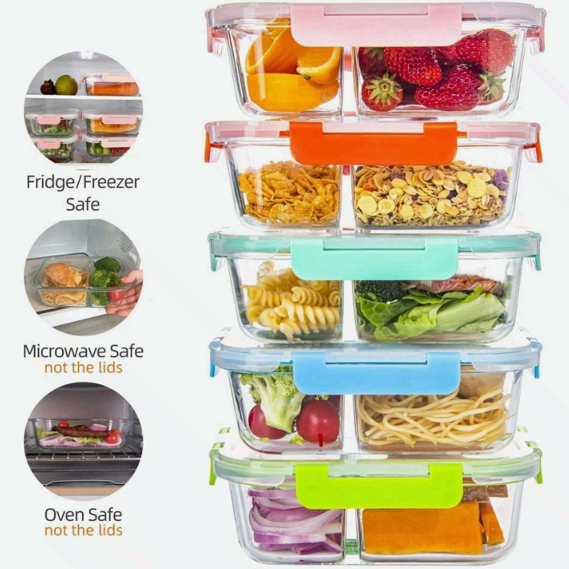 Glass Meal Prep Containers 2 Compartment with Lids (5 Pack 34oz) Divided Storage gallery