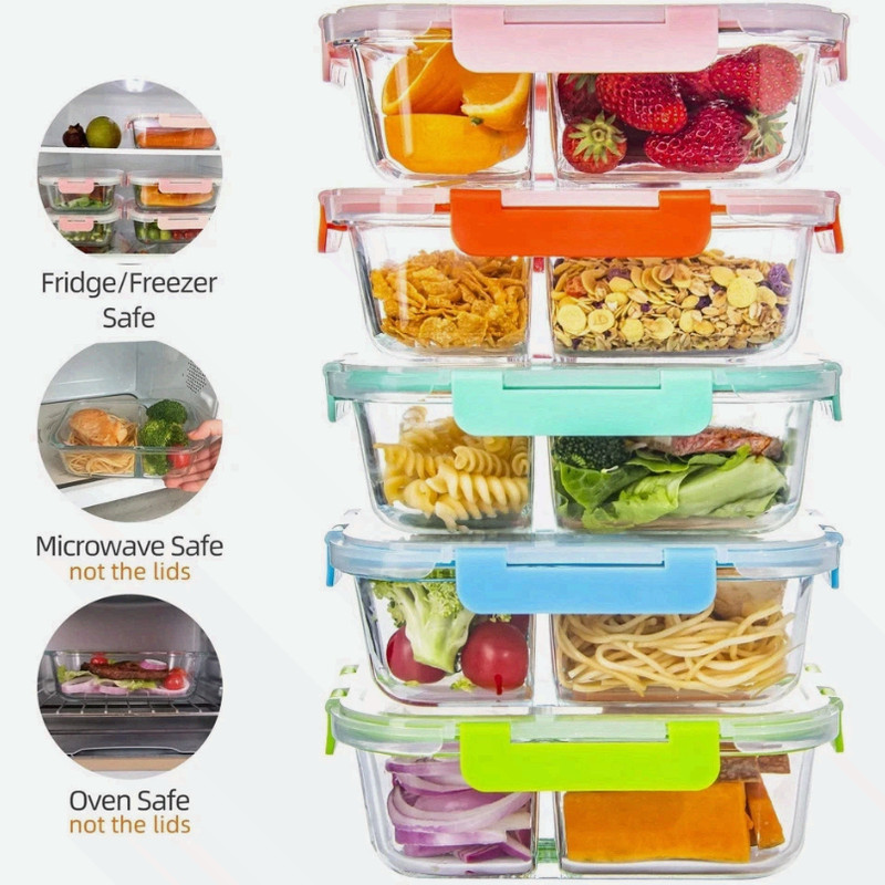 Glass Meal Prep Containers 2 Compartment with Lids (5 Pack 34oz) Divided Storage gallery
