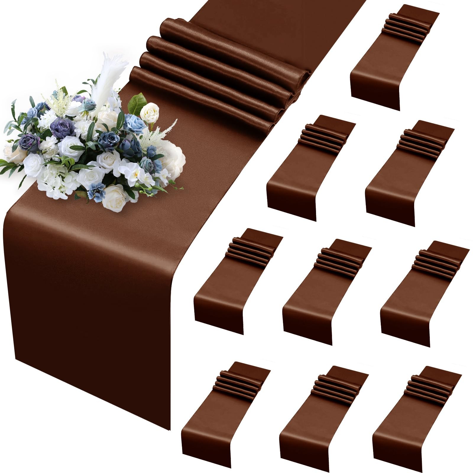 10 Pack Chocolate Brown Satin Table Runners 12x108 Inch Bright Silk Decor gallery
