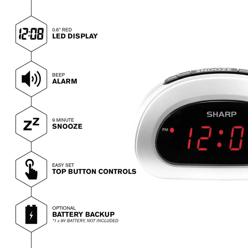Digital Sharp Alarm Clock, Cosmic Silver, Easy to Set Controls, Red LED Display gallery