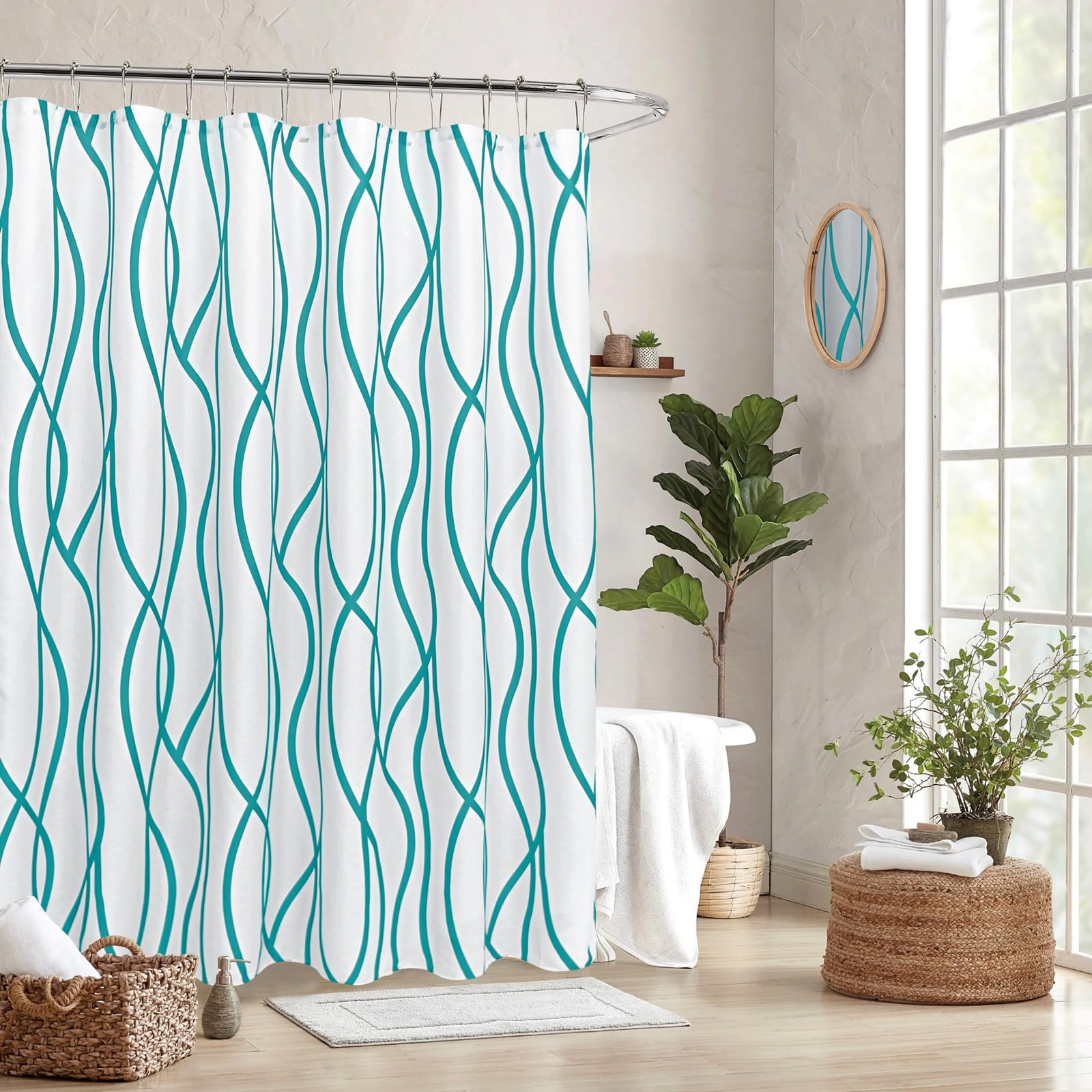 Turquoise Striped Fabric Shower Curtain 72x84 Inch Extra Long Washable Linen gallery