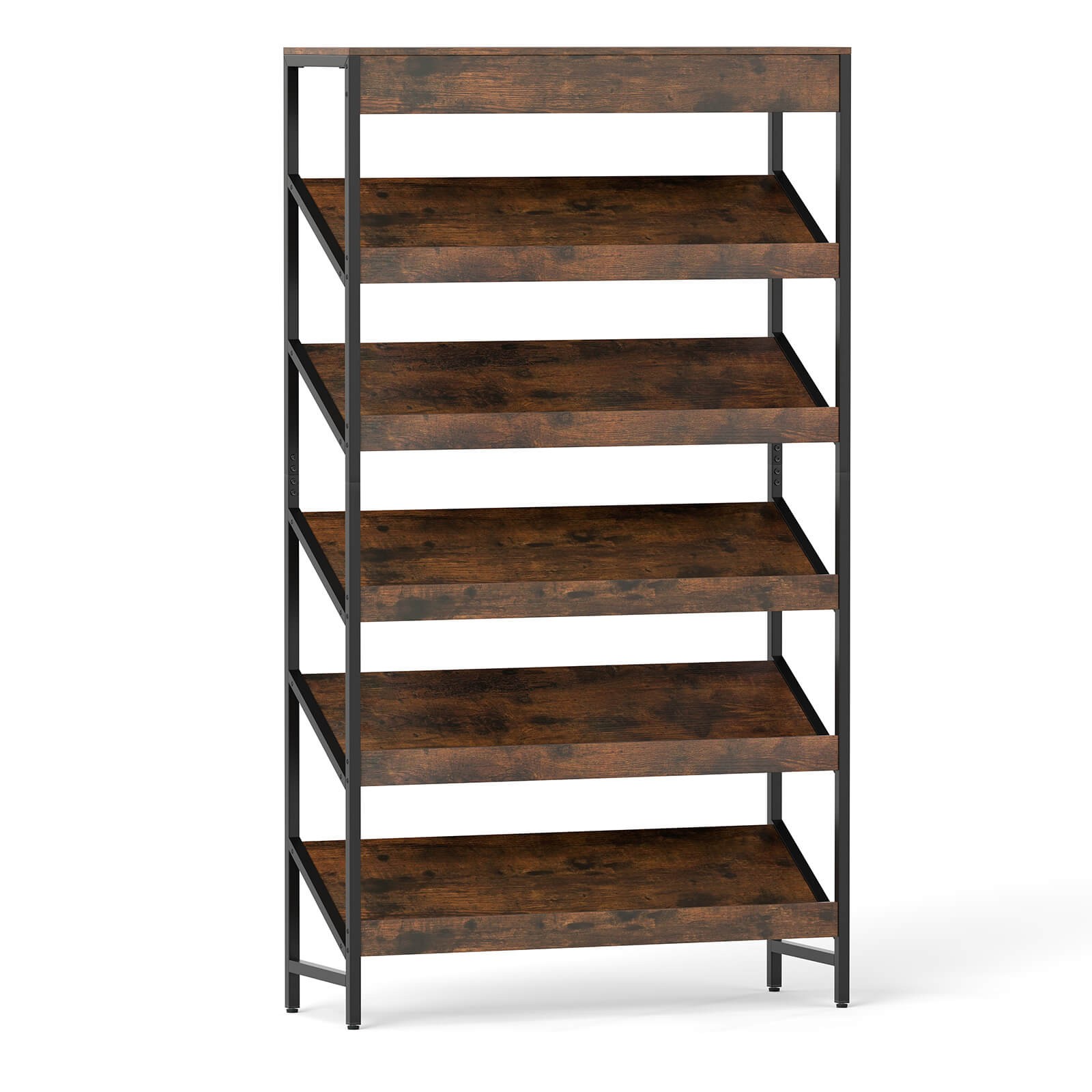 6-Tier Industrial Bookcase. Angled Shelves, Metal Frame,Open Display for Office gallery
