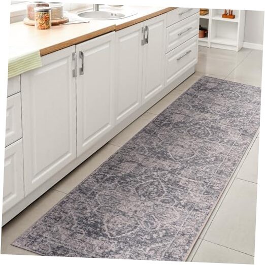 Machine Washable Blue/Light Gray Runner Rug 2X8 ft, Shaii Global Medallion