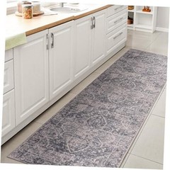 Machine Washable Blue/Light Gray Runner Rug 2X8 ft, Shaii Global Medallion