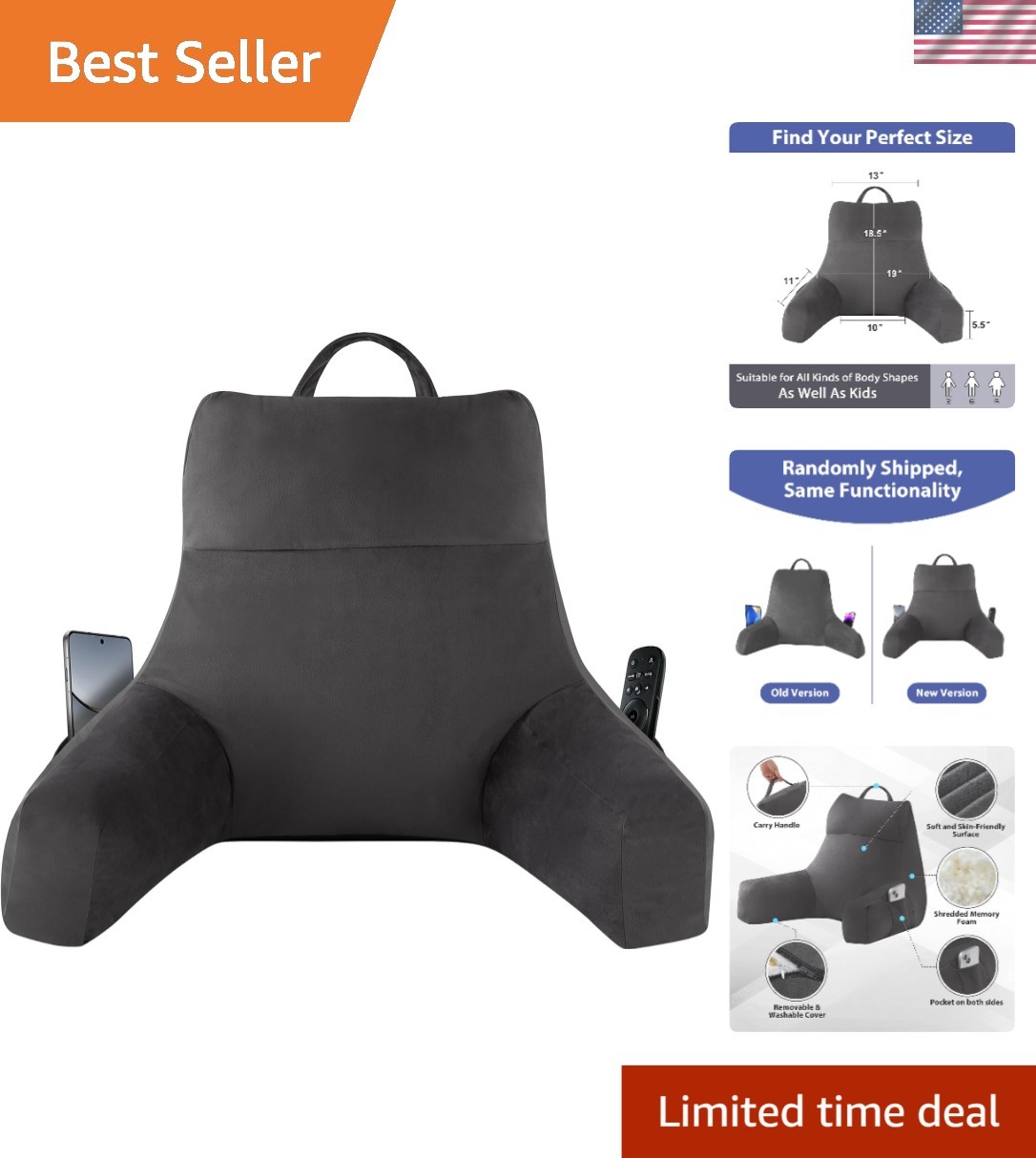 Back Support Pillow Memory Foam Lounge Reading Pillow with Arms Grey 18 Inch gallery