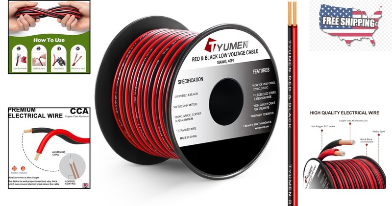 18AWG 40FT Red & Black LED Cable - Ideal for 12V/24V Low-Voltage Installations gallery