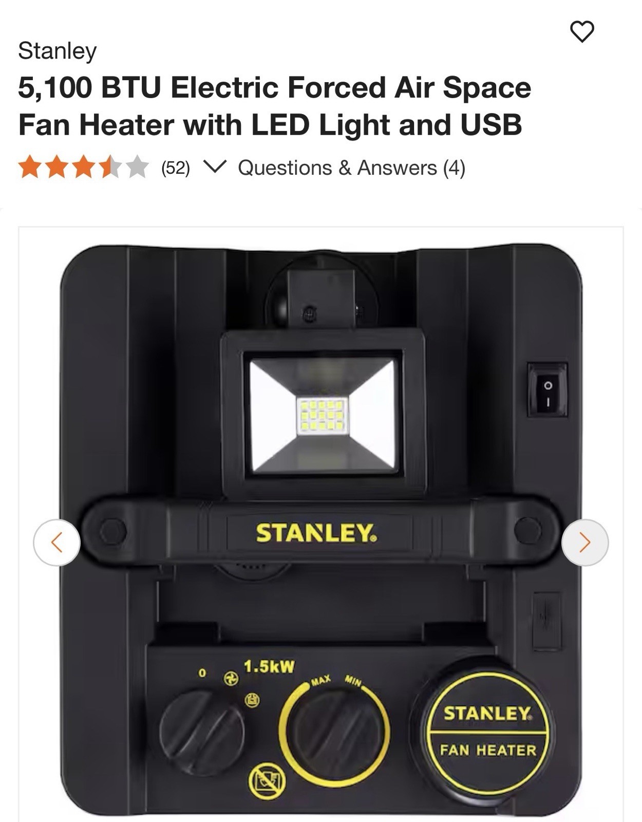 Stanley 5100 BTU Electric Forced Air Space Fan Heater w/ USB & LED gallery