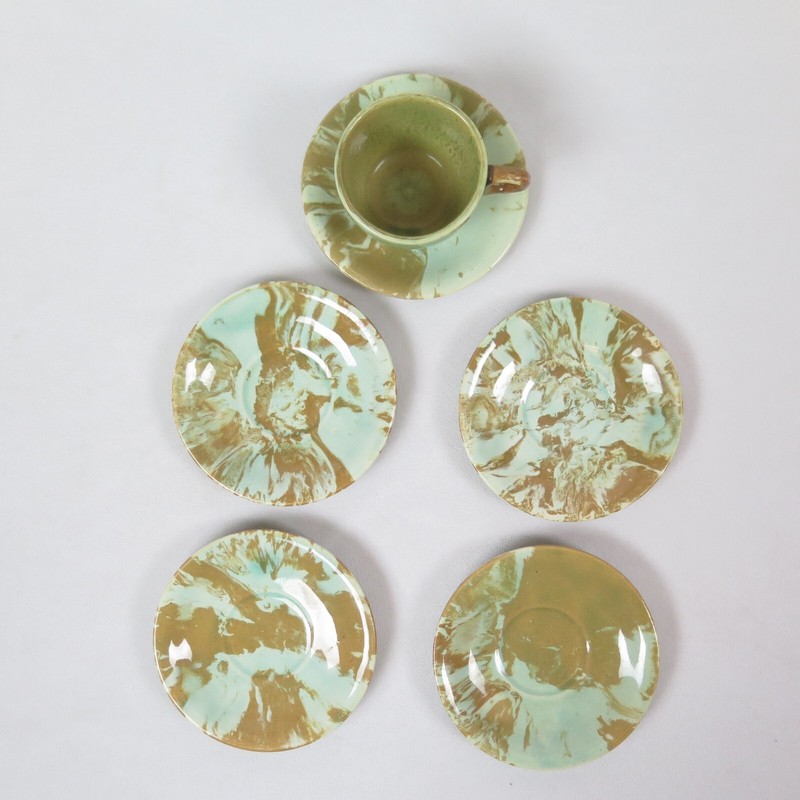 Earthenware Espresso Cup Extra Saucers Aqua & Brown Marbling VTG Arts Handmade gallery