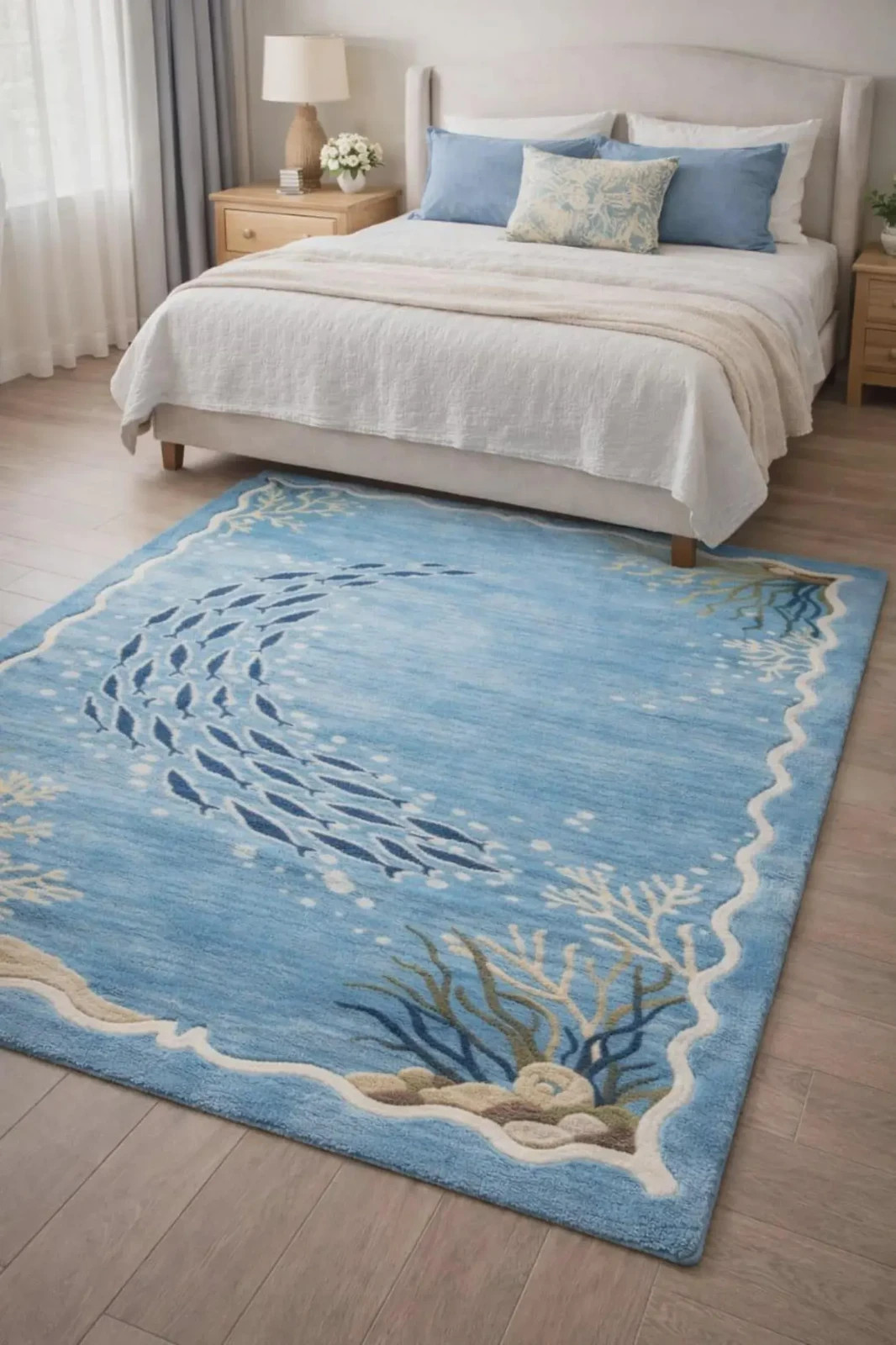 Handmade Wool Area Rug, Nautical Ocean Fish Pattern, Modern Coastal Room Carpet gallery