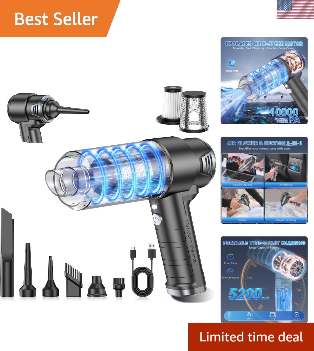 Cordless 10000PA Handheld Car Vacuum & Air Duster with LED, Portable & Powerful gallery