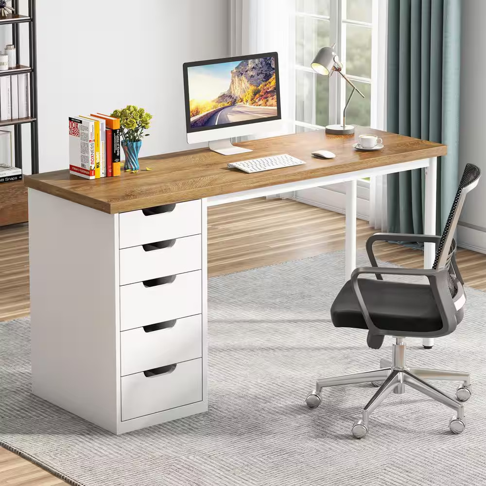 Havrvin 47 In. Rectangular Light Brown and White 5-Drawer Computer Desk for Home gallery