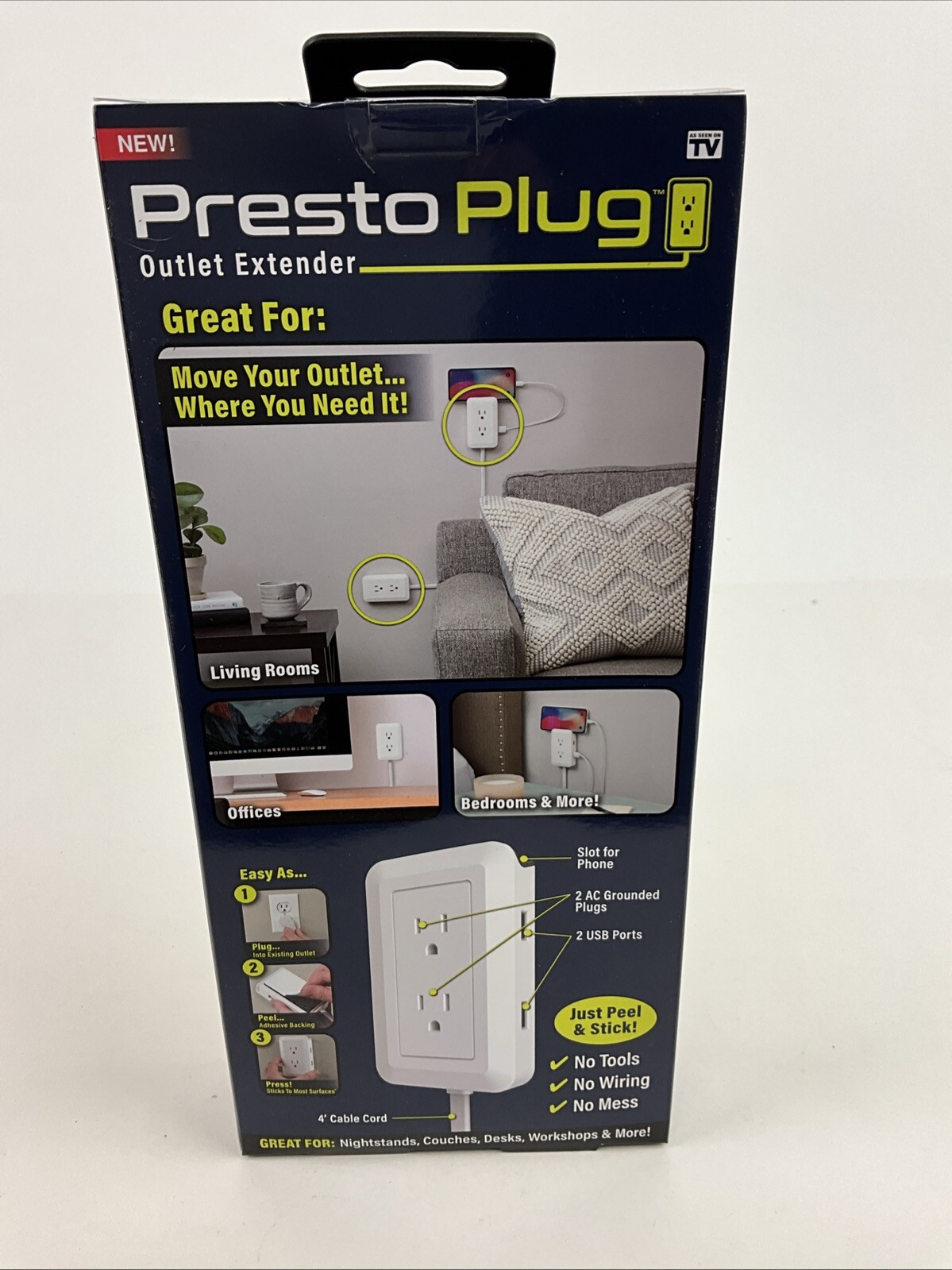 Presto Plug Wall Outlet Extender 4 ft Cord Peel & Stick As Seen On TV 2 AC 2 USB gallery