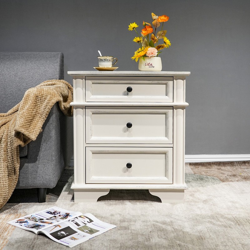 Farmhouse Nightstand Rustic Solid Wood End Side Table with 3 Drawer Storage gallery