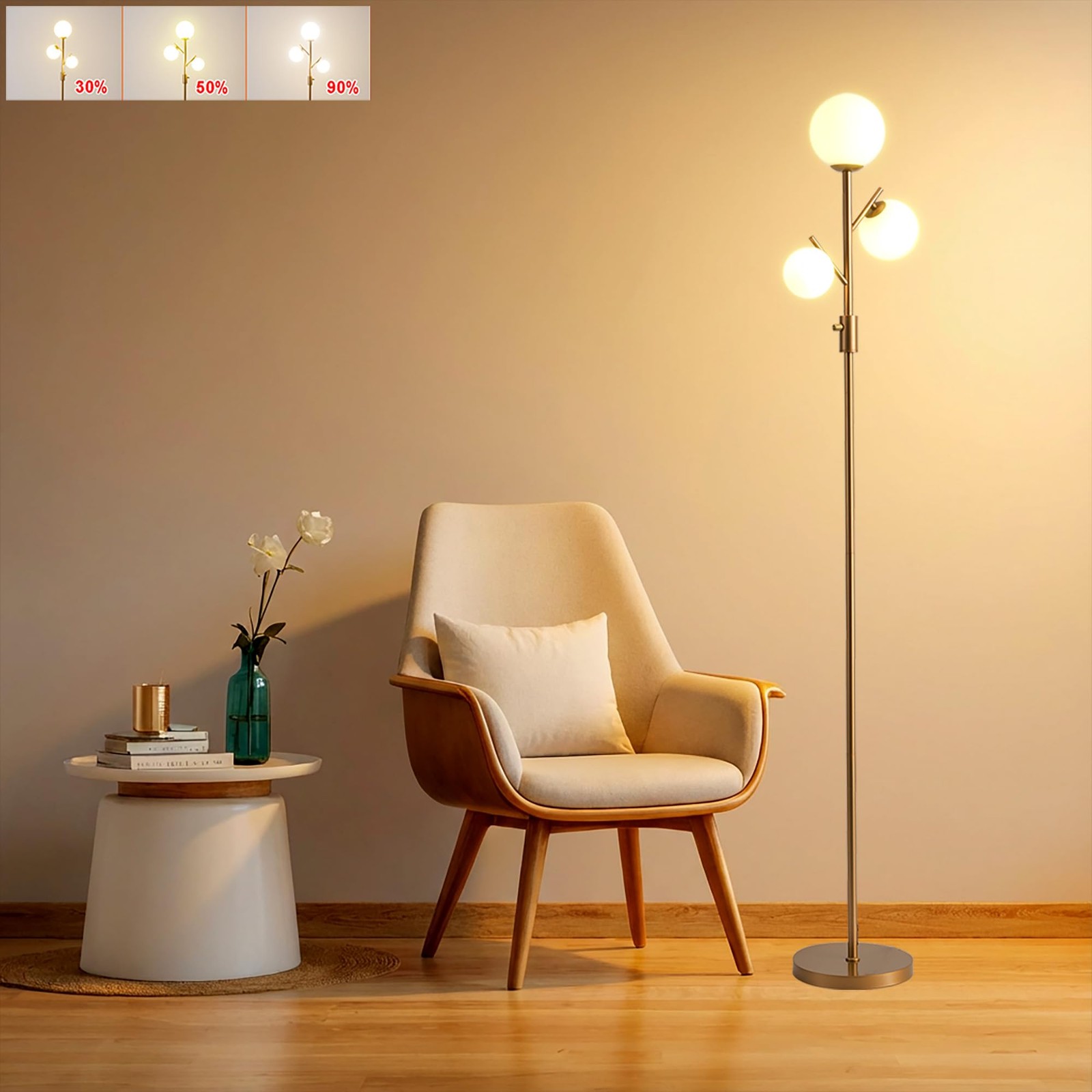Floor Lamp 3 Globe Dimmable LED Mid Century Modern Gold Fiqevs Tree Standing gallery