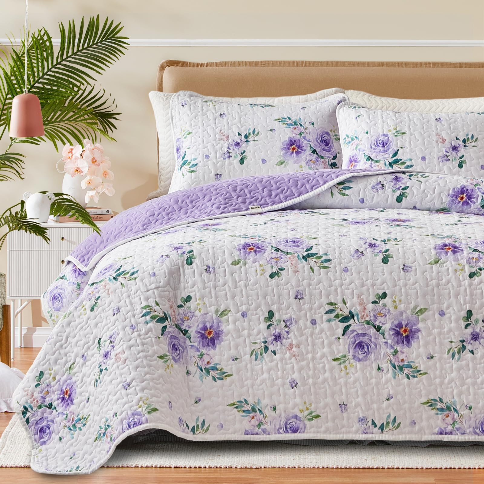 Uozzi Bedding Floral Quilt Set 3 Pieces King Size White Purple Flower Green gallery