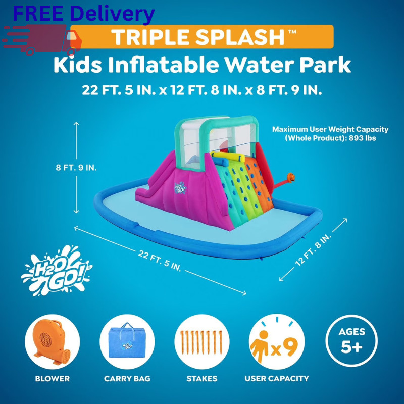 H2OGO! Triple Splash 8.9FT Inflatable Water Park Slide Pool with Blower New gallery