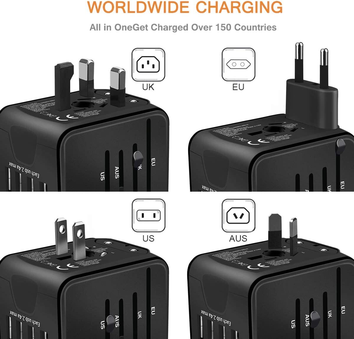 International Travel Adapter Universal Power Adapter 2.4A 4xUSB European UK AUS gallery