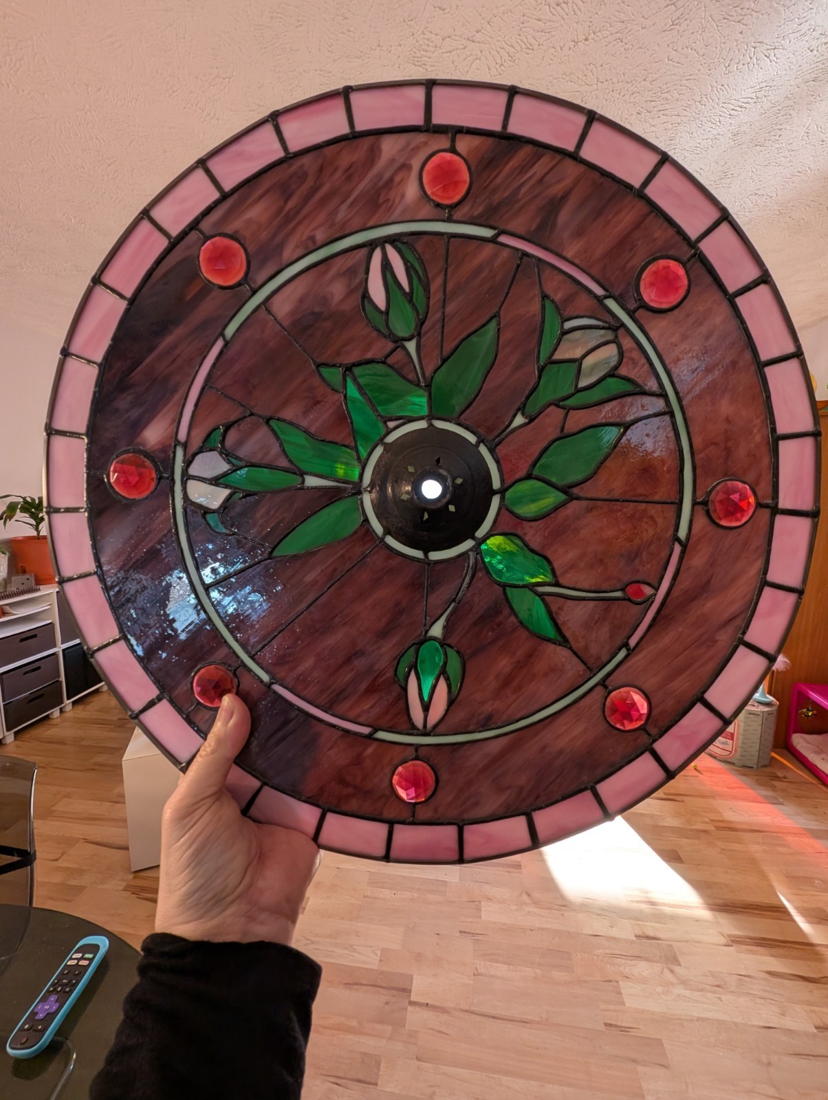 Leaded Glass 16" Round Ceiling Light Fixture. Pink Purple Green Floral Motif gallery