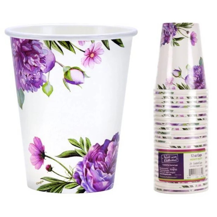 Nicole Home White Paper Cups Hot Cold Peony 12 oz 24 Count Floral Design Party gallery