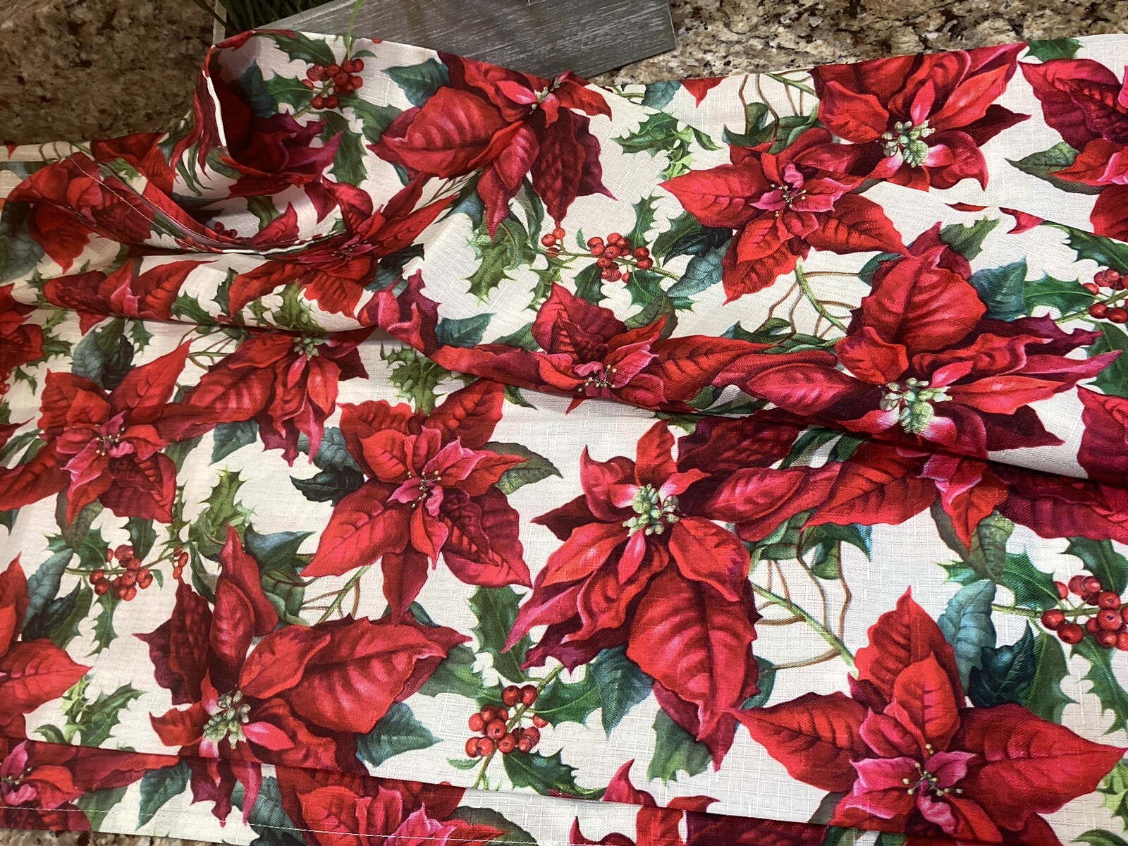 Rectangle poinsettia and holly tablecloth Fabric Tablecloth 84”L x 60”W gallery