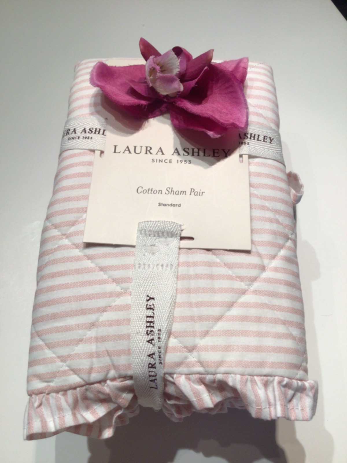 LAURA ASHLEY Standard Pillow Sham 2 PC Set Pink White Stripe Ruffled Cotton NEW gallery
