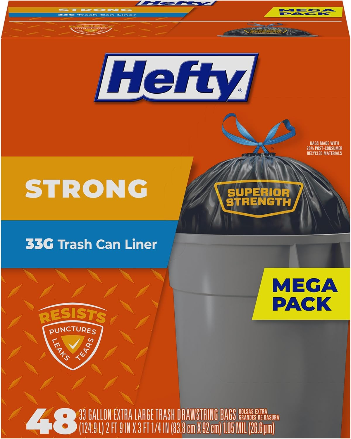 Hefty Strong Extra Large Trash Bags, Black, 33 Gallon, 48 Count gallery