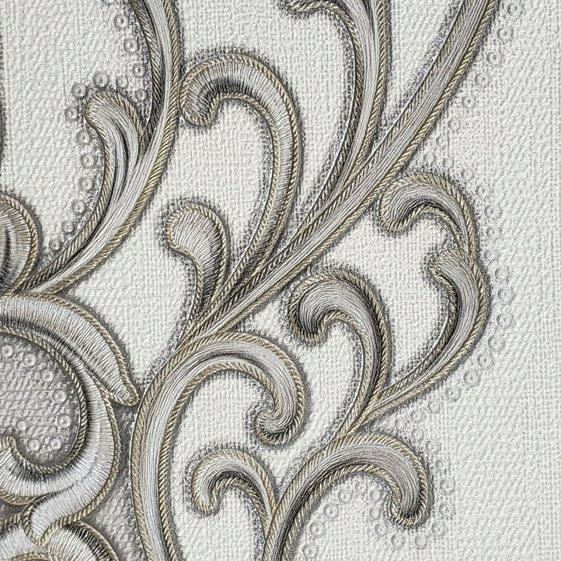 Embossed Victorian Vintage damask white gray bronze gold Textured Wallpaper roll gallery