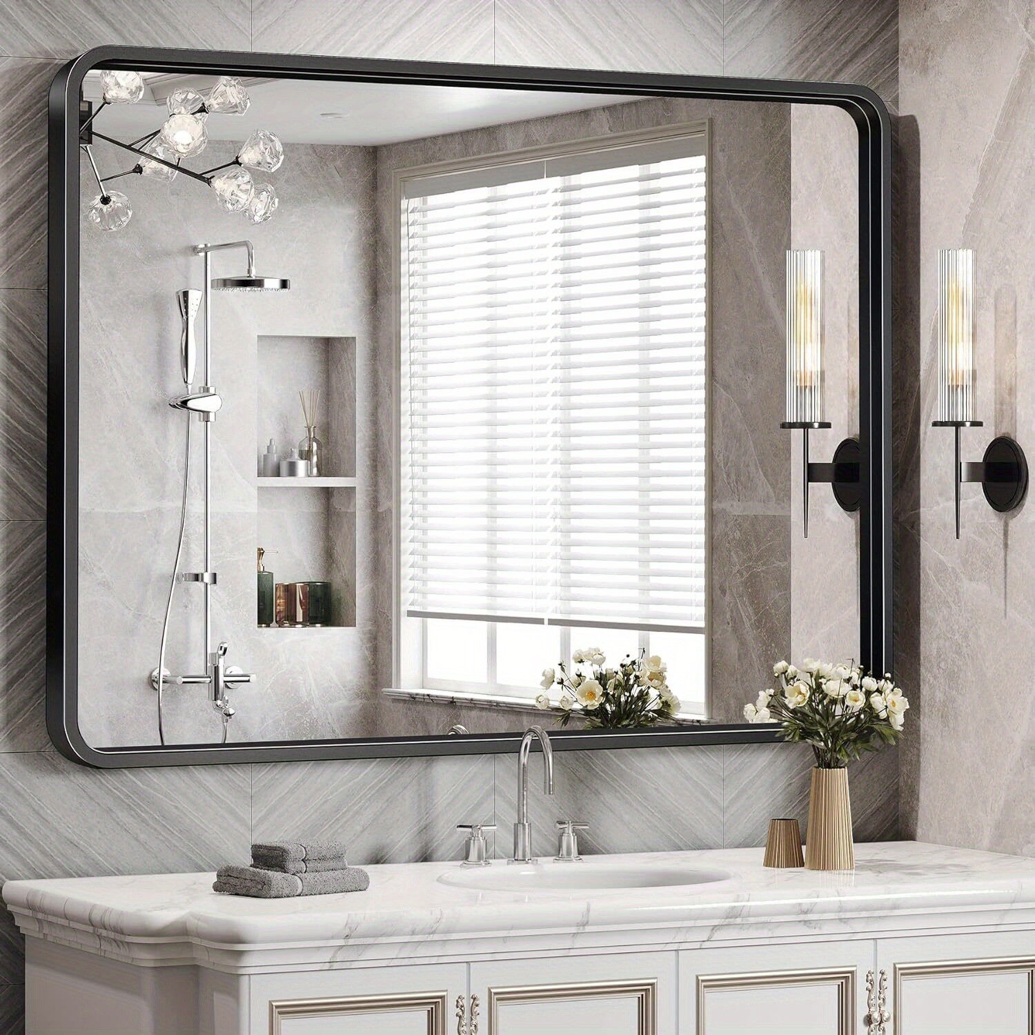 Black metal framed rounded rectangle bathroom mirror 3 sizes Matte black gallery