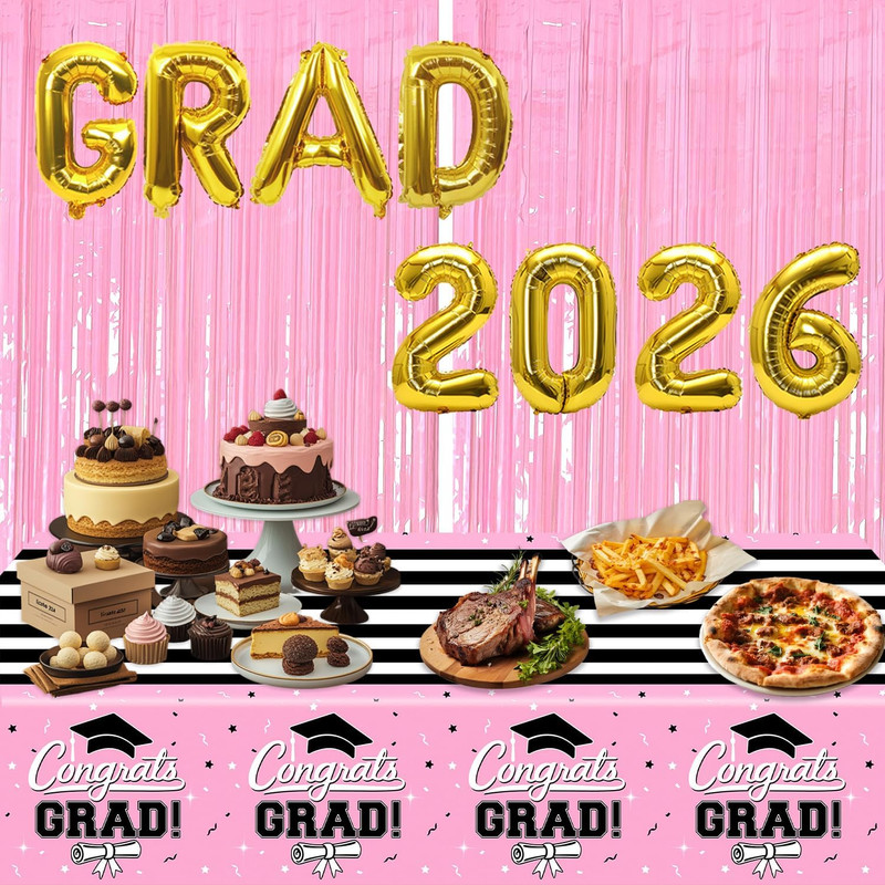 7-Pack Graduation Party Decorations Set, 3 Pink Graduation Tablecloths 54X108In, gallery