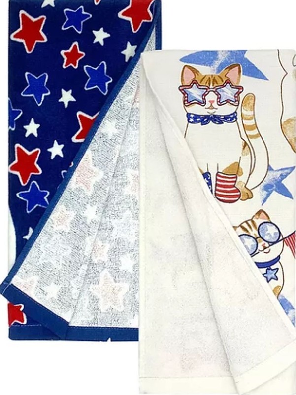 2 DIFFERENT PRINTED TERRY TOWELS (16.5"x26") PATRIOTIC USA CATS & STARS, KO gallery