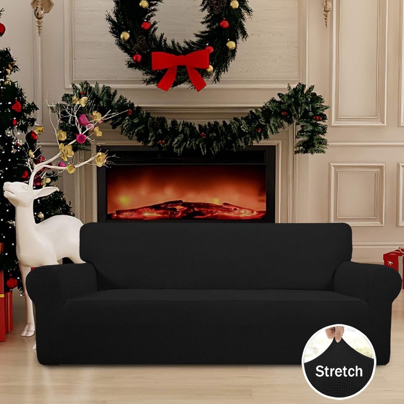 Elastic Black Sofa Cover for Oversized Sofas, Soft Stretch Fabric Protector gallery
