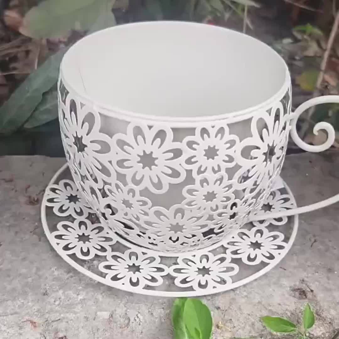 Rustic Iron Art Coffee Cup Flower Pot - Lightweight Circular Metal Planter gallery