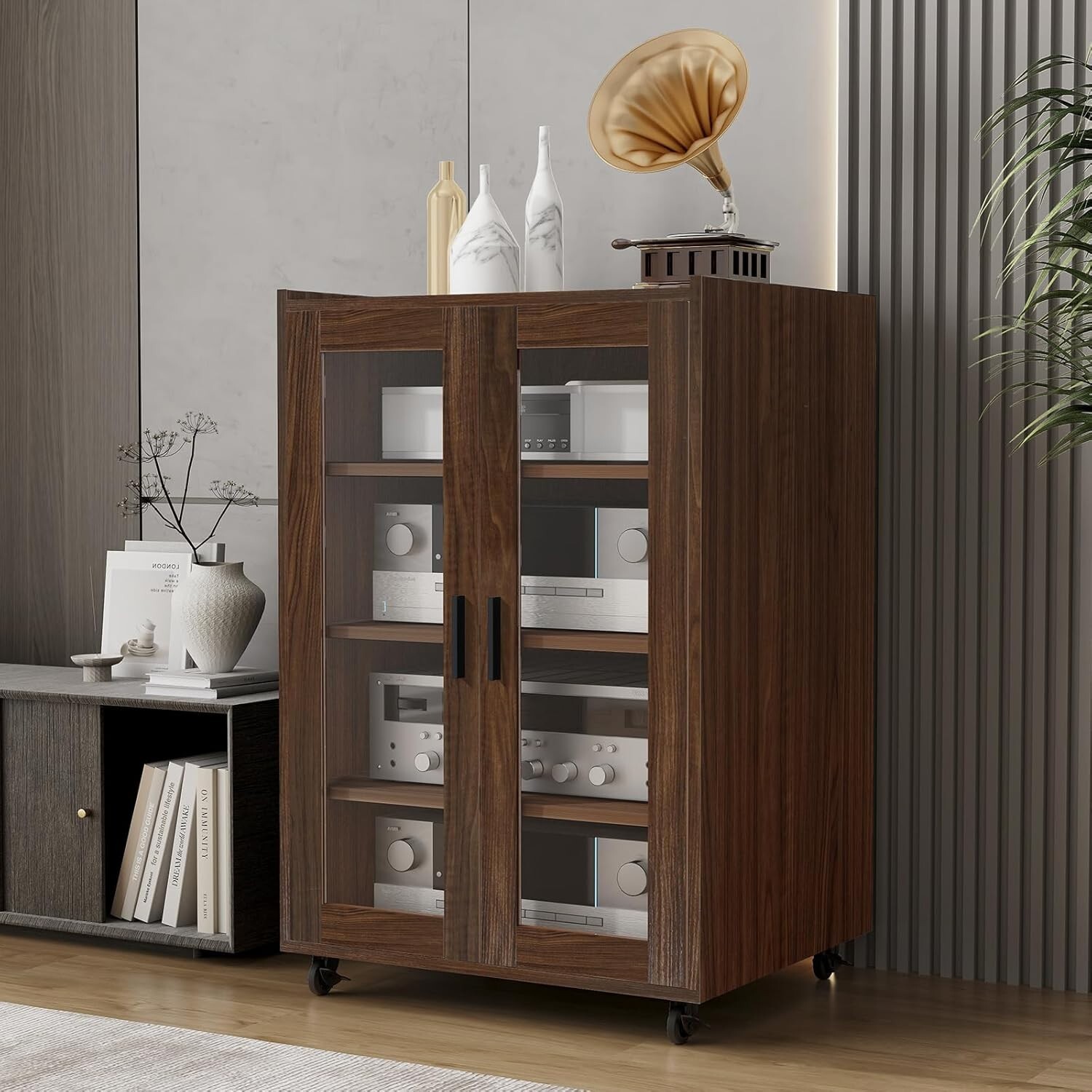 AV Media Storage Cabinet w/ 4-Tier Shelves Tempered Glass Doors Lockable Wheels gallery