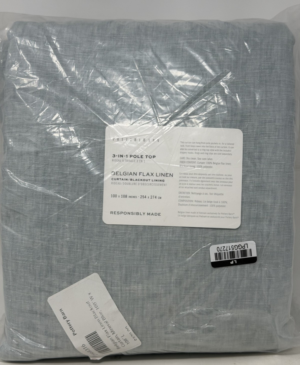Pottery Barn Belgian Flax Linen Doublewide Blackout Drape 100x108 Mineral Blue gallery