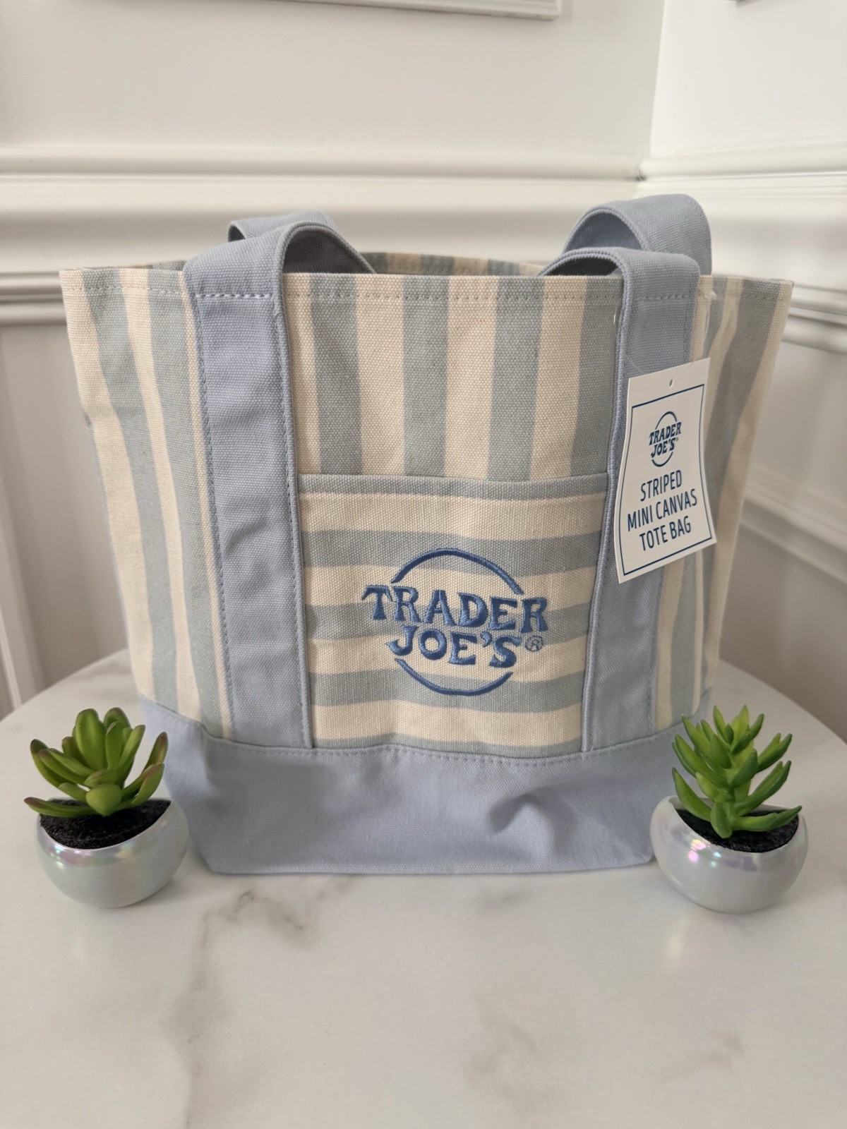 💗 Trader Joe’s Mini Pastel Stripe Canvas Tote Bag Pink & Blue NEW & Ship today gallery