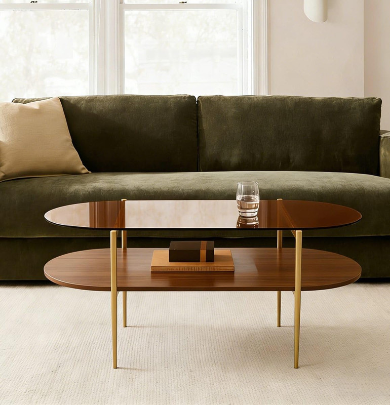Oval Rectangle Coffee Table with Amber Brown Glass Top, Mid-Century Modern Coffe gallery