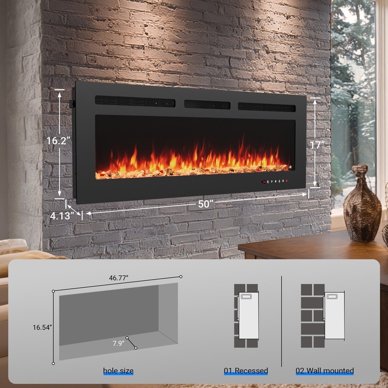 50" Electric Fireplace Insert Wall Mounted Recessed Remote 12 Flame Colors 1500W gallery