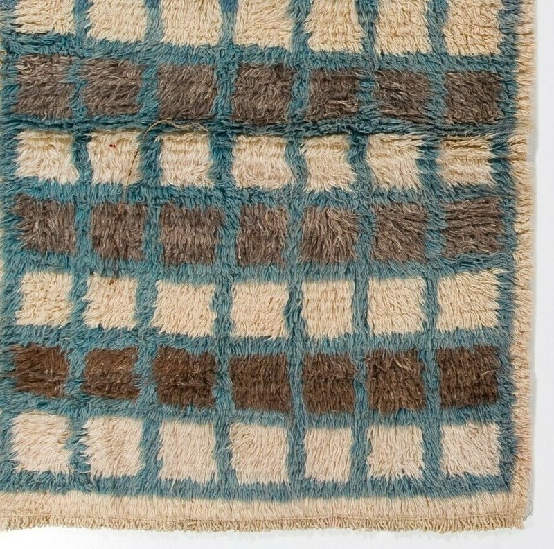 Handmade Blue, Gray and Ivory Checkered Tulu Rug. 100% Wool in Finest Quality gallery