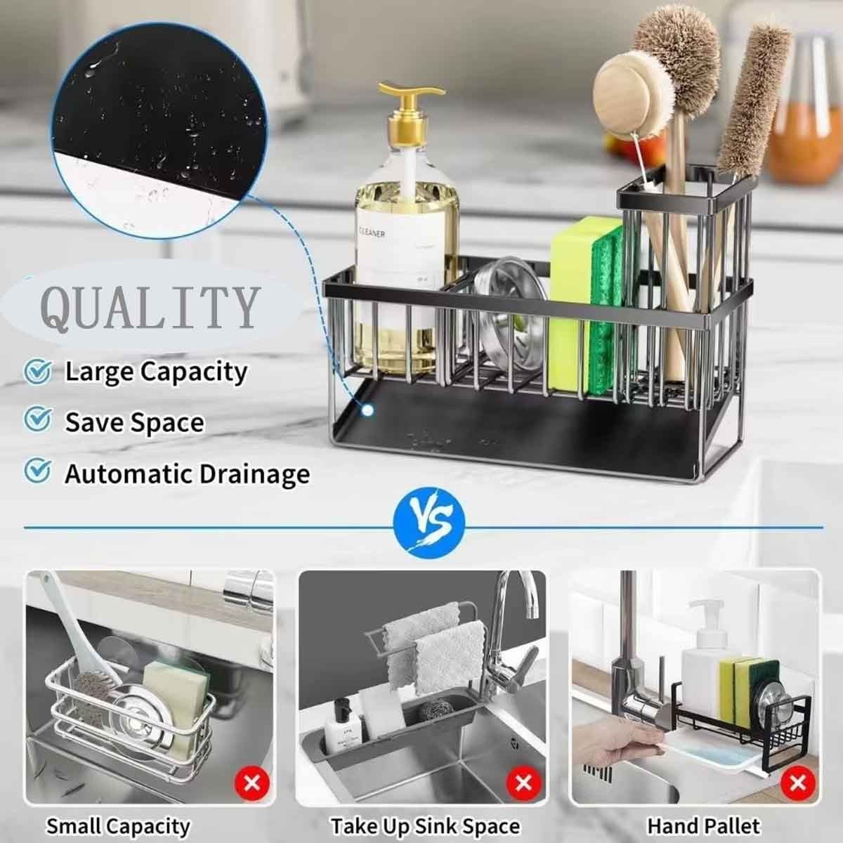 Stainless steel kitchen sink drain rack, self-draining, space-saving sponge rack gallery