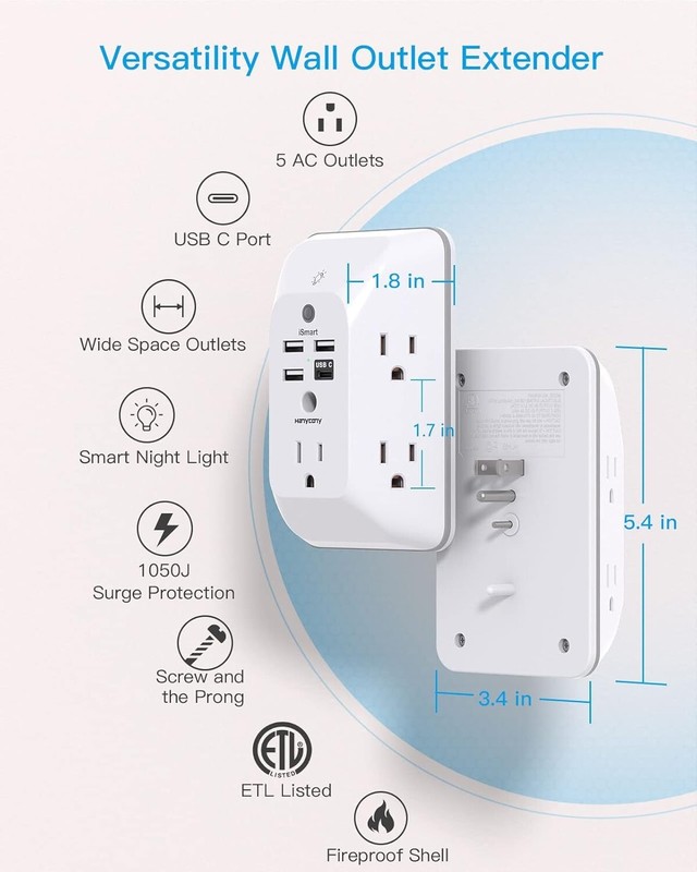 Outlet Extender with Night Light, Multi Plug Outlet, USB Wall Charger Surge Prot gallery