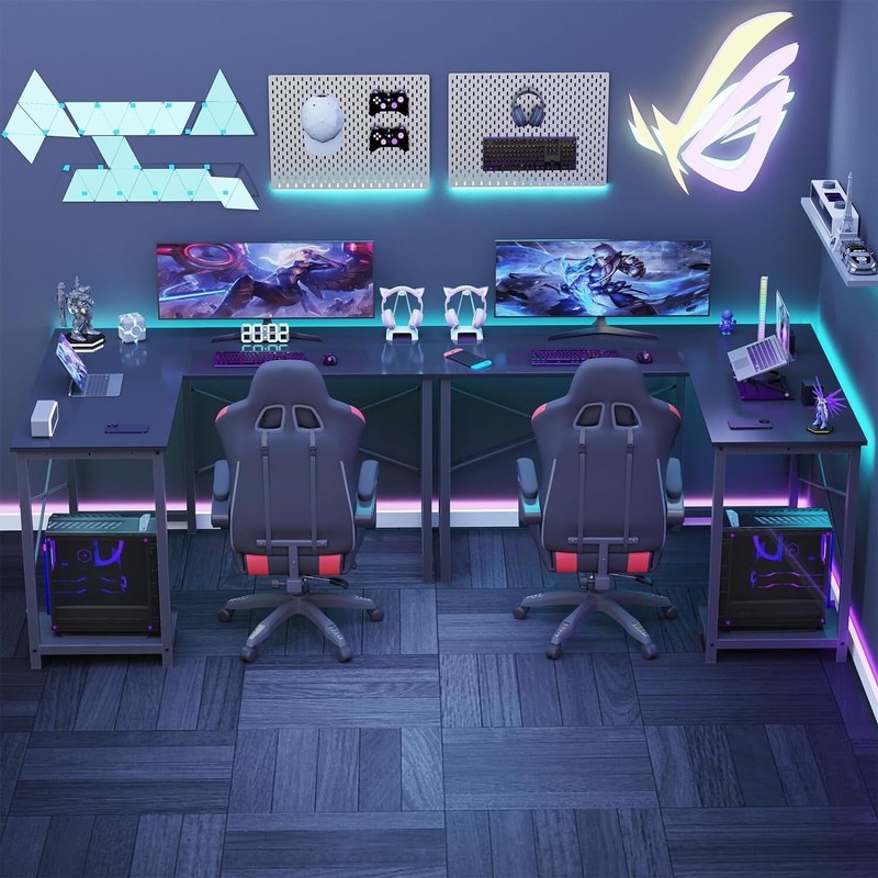L Shape Home Office Corner Computer Desk Gaming PC Table with CPU Stand Side Bag gallery