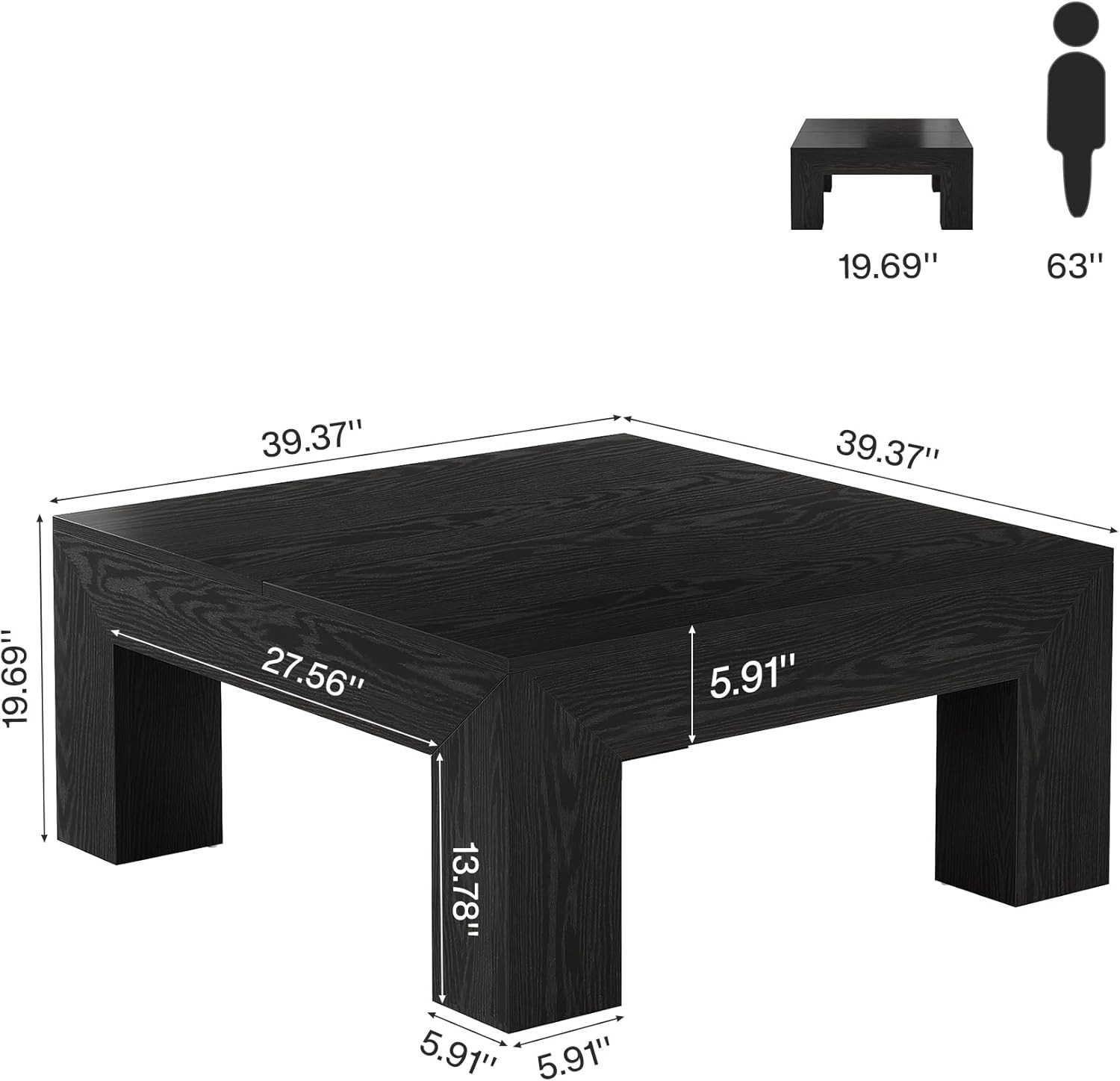 39.4-Inch Black Square Coffee Table Modern Center Cocktail Table for Living Room gallery