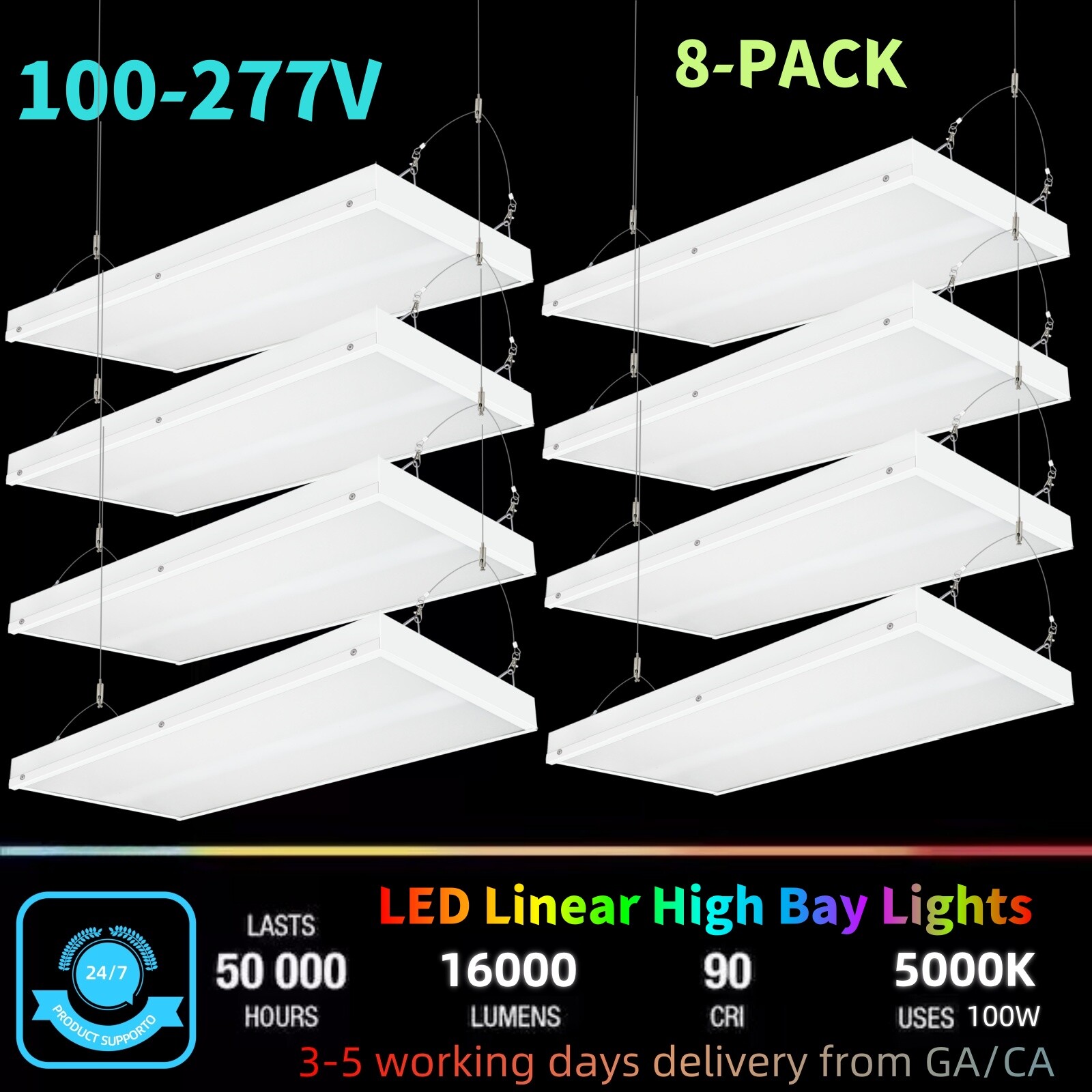 8Pack- 100W 100-277V LED Linear High Bay Commercial Hanging Shop Light Fixture gallery