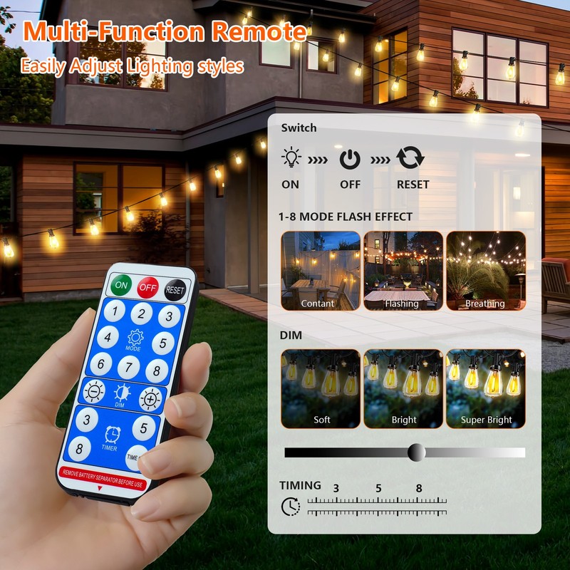 60FT Solar String Lights Outdoor Waterproof Patio w Remote Control 16 ST38 Bulbs gallery