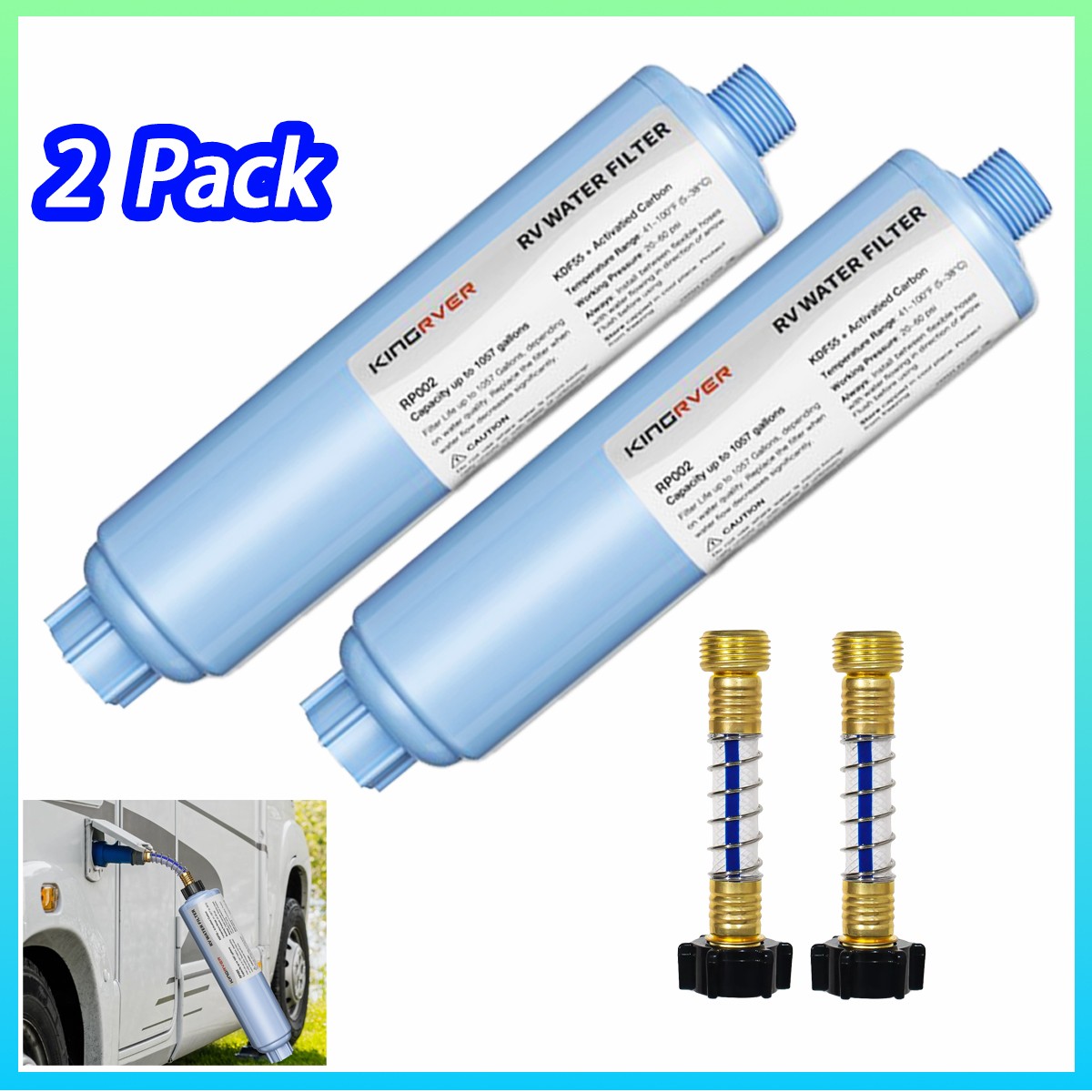 RV Inline Water Filter w/Flexible Hose For Marine Garden Camping Water 2 Pack gallery