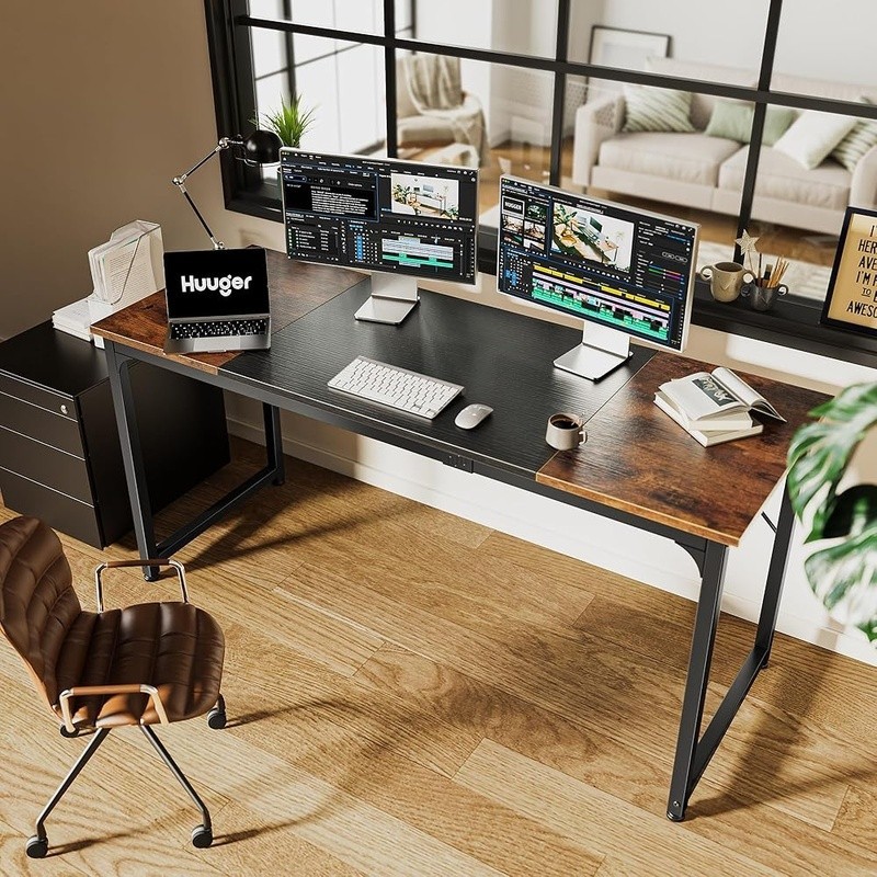 Spacious Rustic Brown Black Computer Desk Home Office Study Gaming Workstation gallery