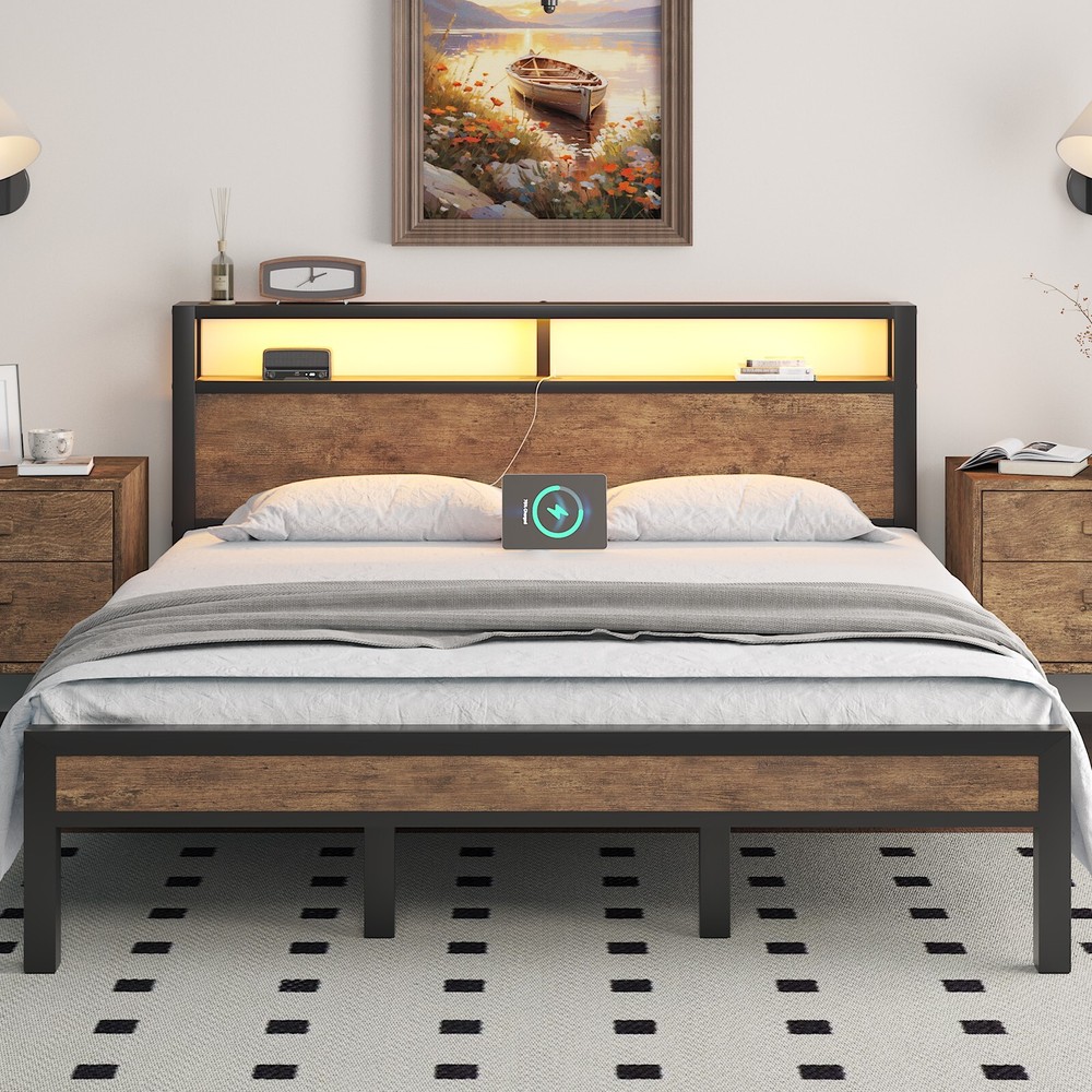 Bed Frame Full/Queen/King with Charging Station and 2-Tier Storage Headboard
